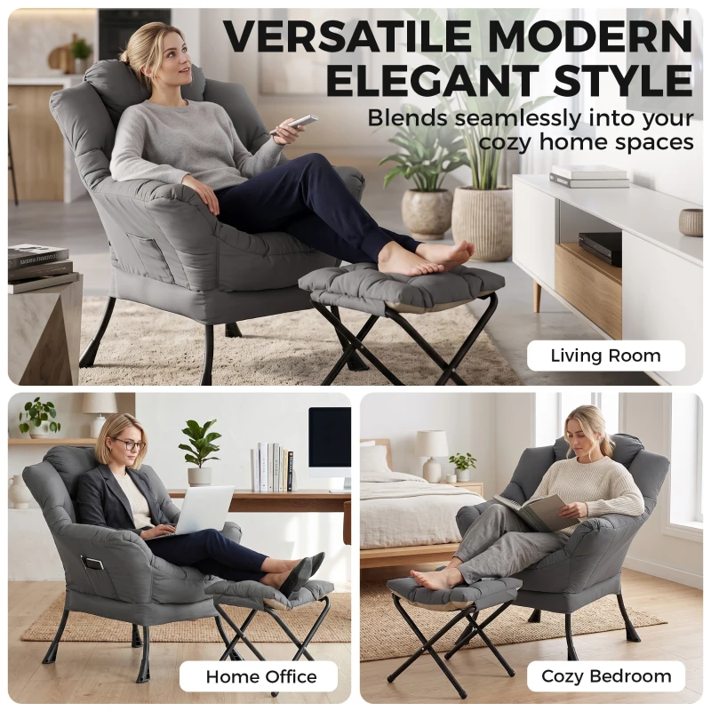 HOMCOM Lazy Chair with Ottoman, Peach Skin Fabric Reading Chair with Foldable Footstool, Plush Cushion, Tufted, Dark Grey
