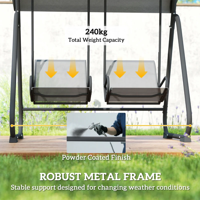 Outsunny Patio Swing Chair w/Adjustable Canopy Outdoor Porch Swing w/Dual Independent Seats 2-Seat Grey