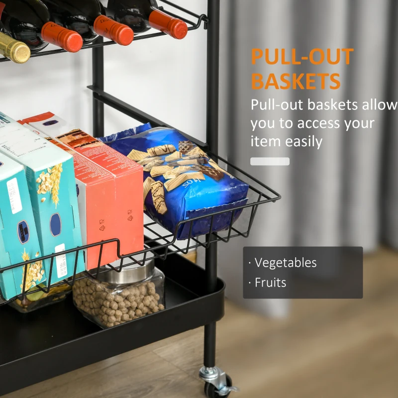 HOMCOM Rolling Kitchen Cart, 3-Tier Utility Storage Trolley with Wine Rack, Mesh Drawer and Side Hooks for Dining Room, Black/Natural