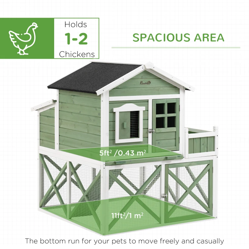 PawHut 44" Chicken Coop, Wooden Chicken House Hen Run, Rabbit Hutch with Nesting Box, Removable Tray, Asphalt Roof, Planting and Lattice, Green