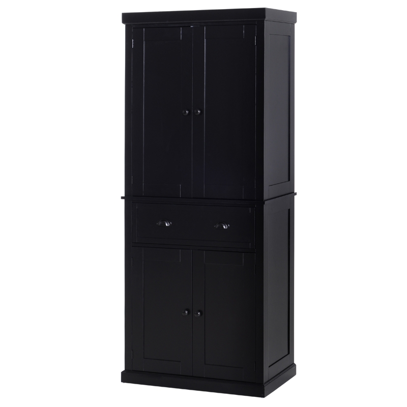 HOMCOM 72.5" Kitchen Pantry Cabinet, Traditional Freestanding Storage Cabinet with 4 Doors, Drawer and 3 Adjustable Shelves for Dining Room, Black