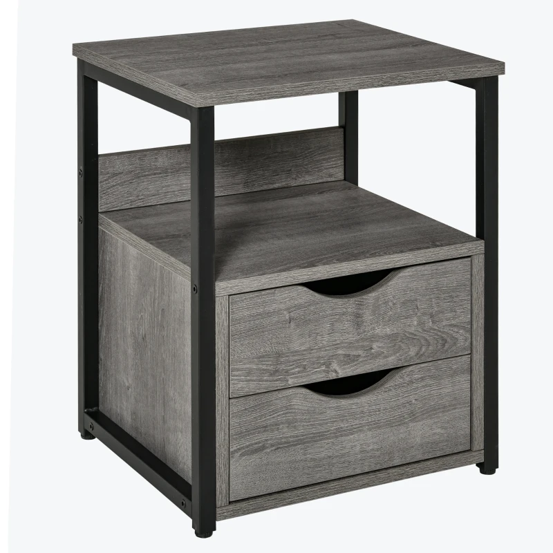 HOMCOM Nightstand with 2 Drawers, Industrial Side Table with Storage Shelf, Accent End Table for Bedroom, Living Room, Grey