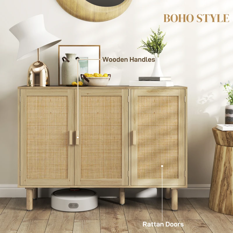 HOMCOM Bohemian Sideboard, 46.9" Buffet Cabinet with 3 Rattan Doors and Shelves for Living Room, Hallway, Oak