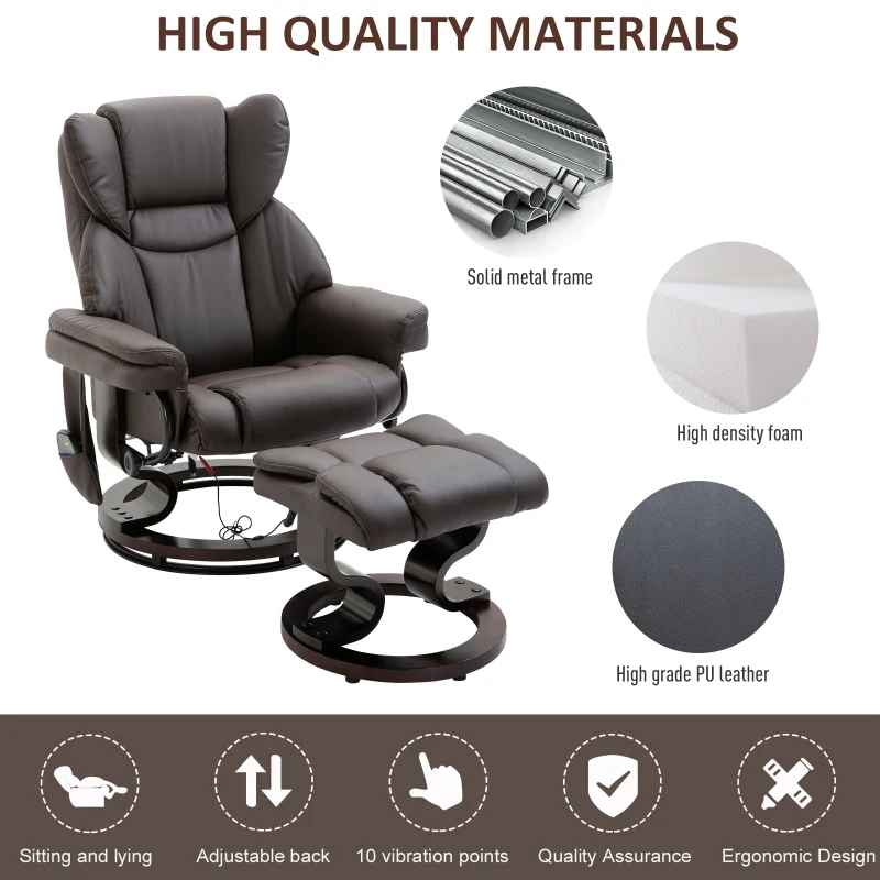 HOMCOM Massage Recliner Chair Swiveling Armchair with Footrest, with Wrapped Wood Base, 10 Vibration Levels, Faux Leather, Brown