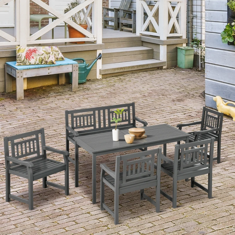 Outsunny 6 Piece Patio Dining Set, Outdoor Poplar Wood Furniture Set, Umbrella Hole Table and Chairs with Bench for Porch, Backyard, Balcony, Outside Garden, Dark Gray