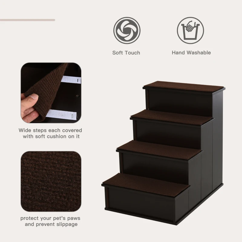 PawHut 4 Levels Wooden Dog Steps Pet Stairs for High Bed, Cat Ladder for Bed Couch with Non-Slip Carpet, Dark Coffee