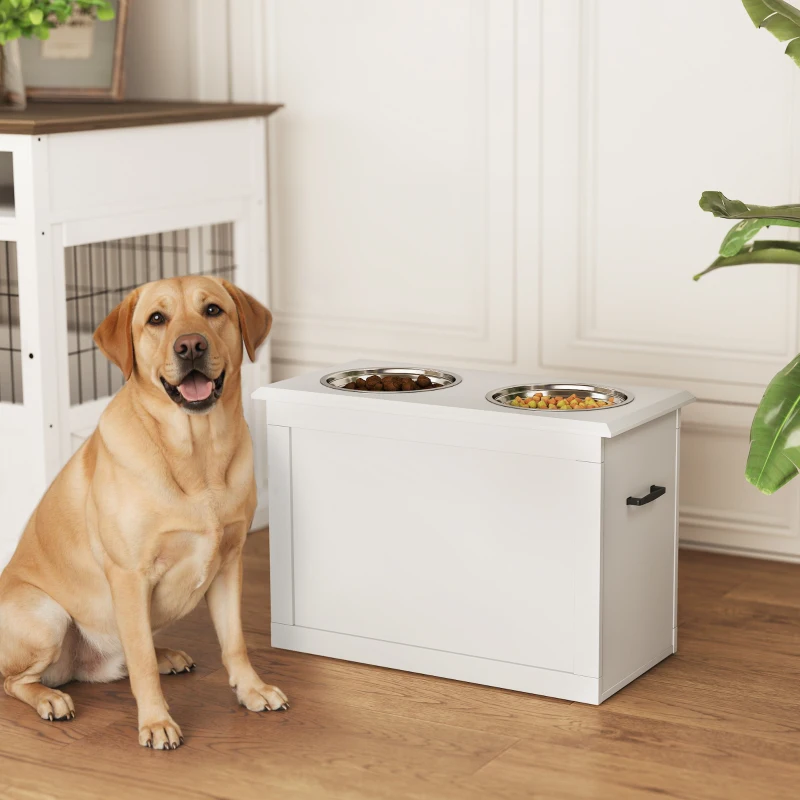 PawHut Raised Pet Feeding Storage Station with 2 Stainless Steel Bowls Base for Large Dogs and Other Large Pets, White