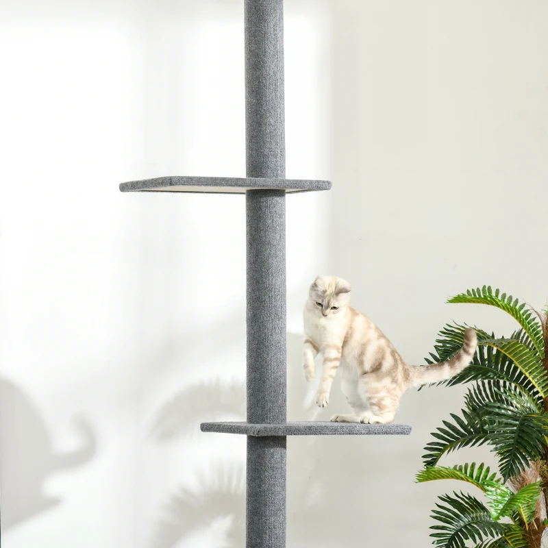 PawHut Floor-to-Ceiling Cat Tree Cat Climbing Tower with Sisal-Covered Scratching Posts Natural Cat Activity Center, Gray