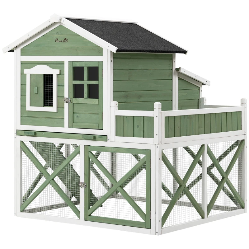 PawHut 44" Chicken Coop, Wooden Chicken House Hen Run, Rabbit Hutch with Nesting Box, Removable Tray, Asphalt Roof, Planting and Lattice, Green