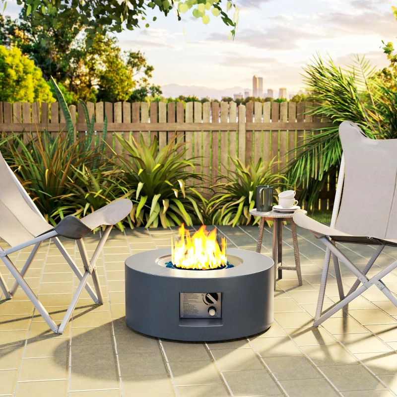 Outsunny 30" Round Propane Fire Pit Table 50,000 BTU Outdoor Gas Fire Table with Waterproof Cover, Decorative Glass Rocks, Tank Holder, Grey