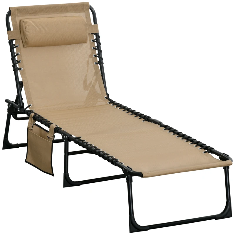 Outsunny Outdoor Folding Chaise Lounge, Reclining Lounge Chair with Adjustable Backrest and Removable Pillow, Beige