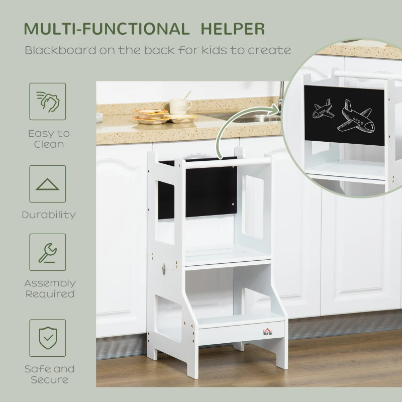 Qaba 2-in-1 Kids Kitchen Helper Step Stool, Detachable Toddler Table and Chair Set, Children Standing Tower for Kitchen Counter with Safety Rail Chalkboard, White