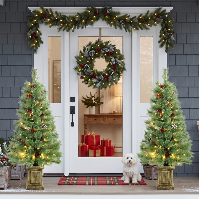 HOMCOM 4ft Pre-Lit Artificial Christmas Tree Set of 2, Xmas Pine Trees, Dual Colors, Remote, Green