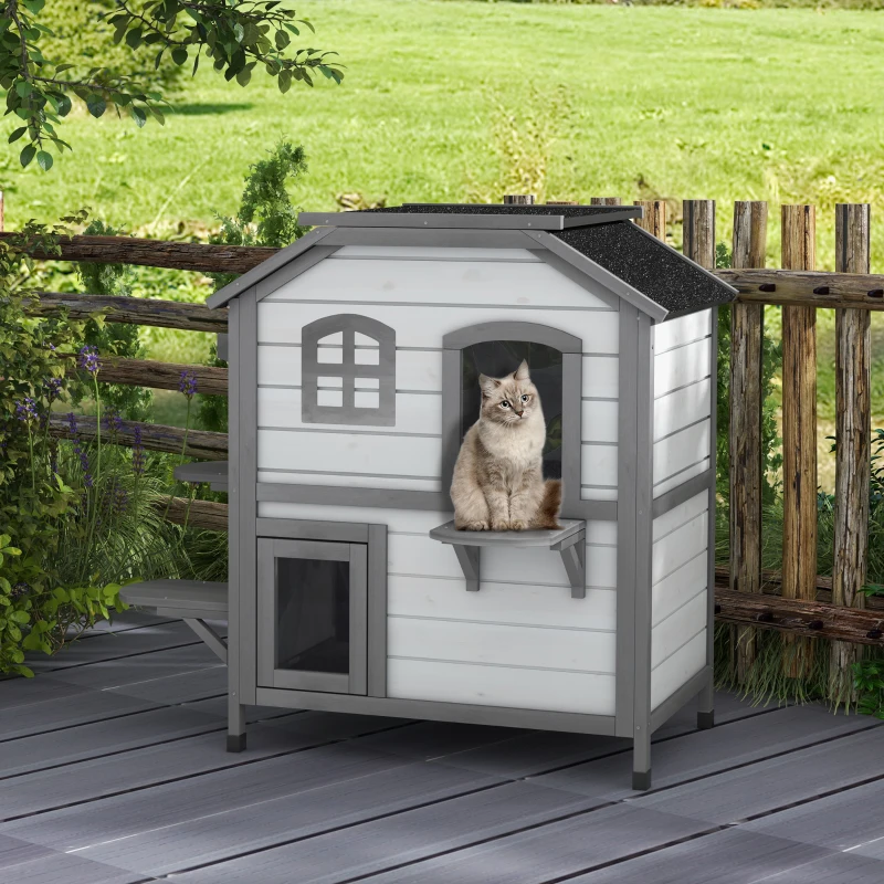 PawHut Wooden 2-Story Outdoor Cat House, Feral Cat Shelter Kitten Condo with Openable Asphalt Roof and 4 Platforms, White