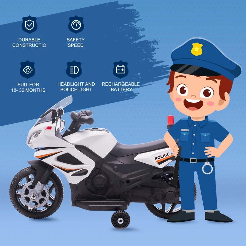 Aosom 6V Kids Motorcycle Police Electric Ride-On Dirt Bike Off-road Street Bike Battery Powered Rechargeable Horn Headlights Training Wheels Realistic Sounds for Girls and Boys 18 - 36 months White