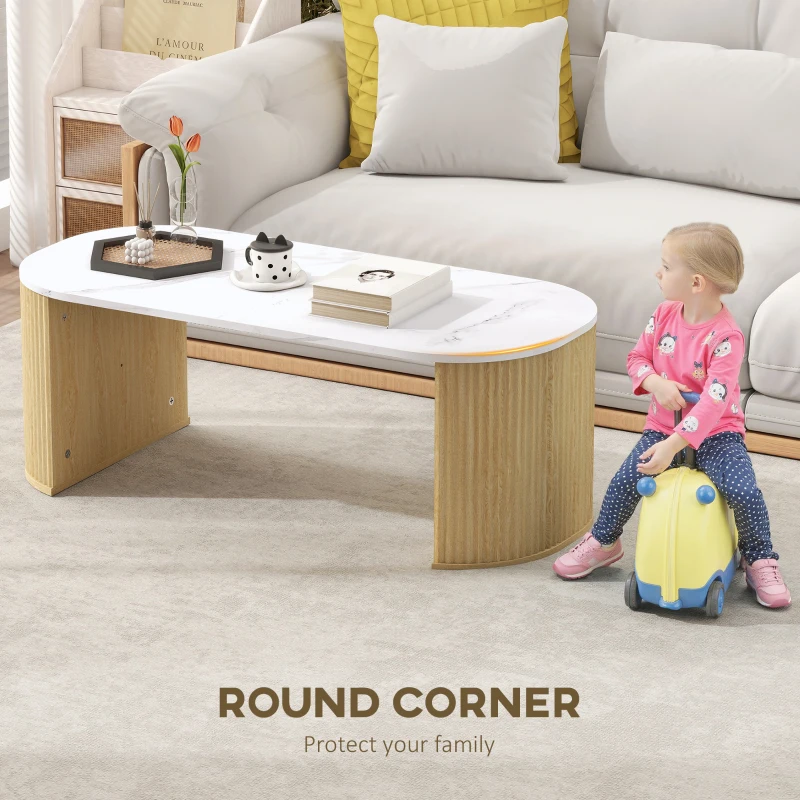 HOMCOM Coffee Table, Modern Marble-Effect Living Room Table with Round Corners and Thicken Legs, Natural Wood