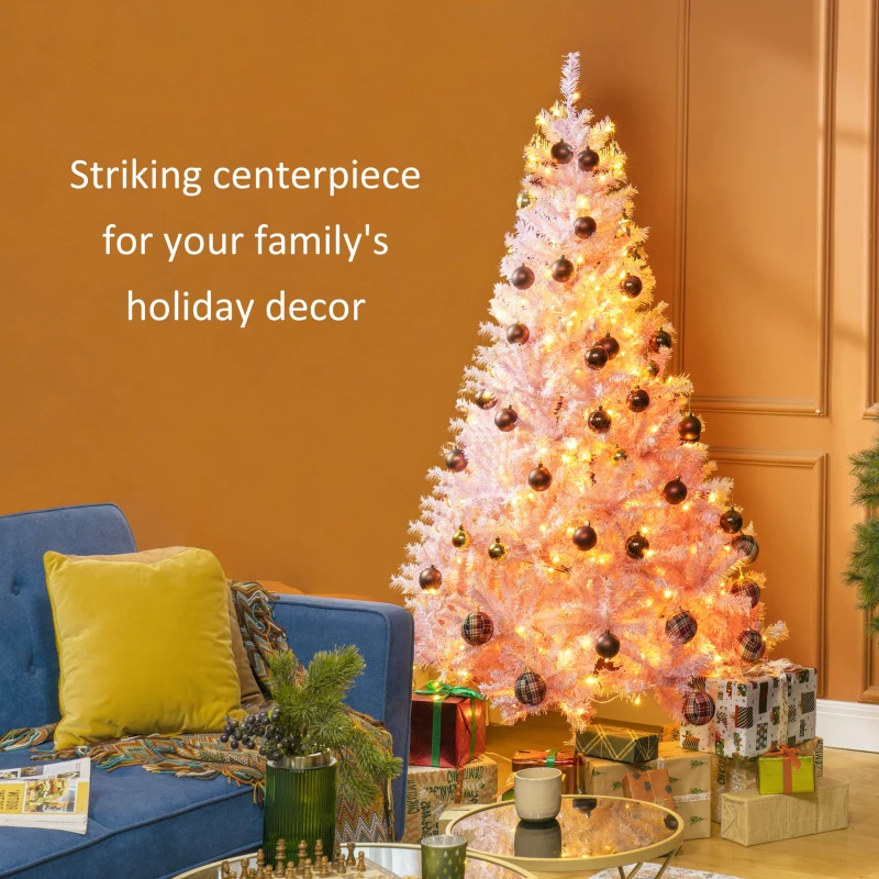 HOMCOM 6 FT Tall PreLit Artificial Christmas Tree with Realistic Branches, 250 Warm White LED Lights and 1000 Tips, Pink