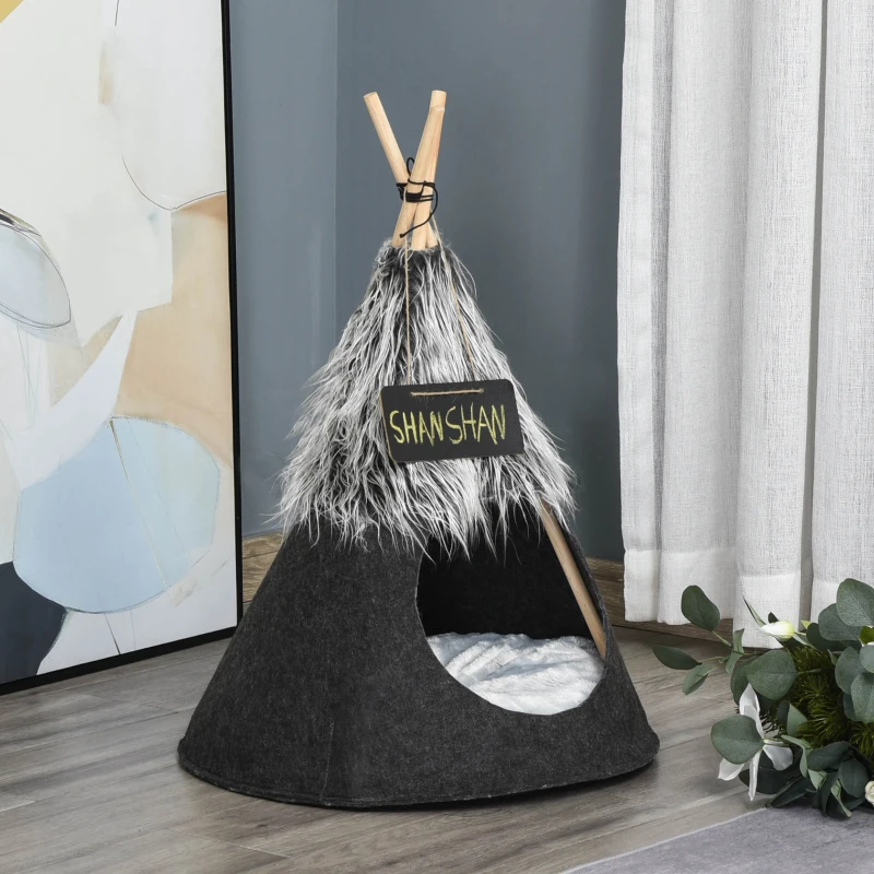 PawHut Pet Teepee Tent Cat Bed Dog House with Thick Cushion Chalkboard for Kitten and Puppy up to 13lbs 28inch Grey