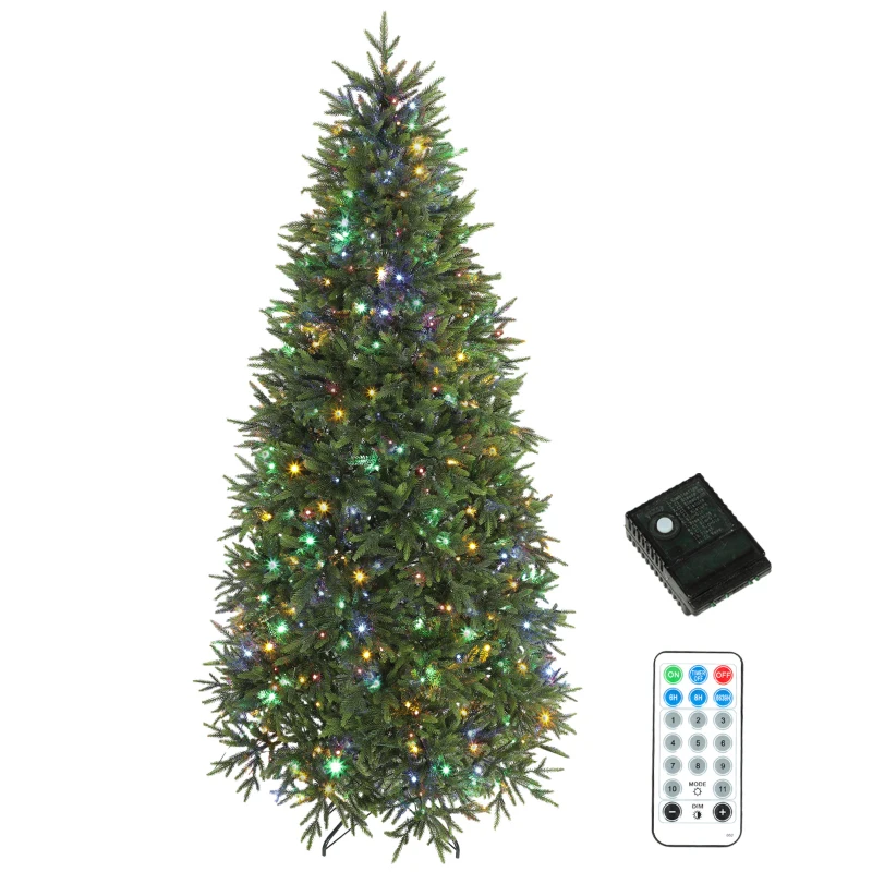 HOMCOM 7.5ft Prelit Christmas Tree with Dual-Color LEDs, All Realistic Tips, Hinged Xmas Nordmann Fir with 11 Modes, Remote