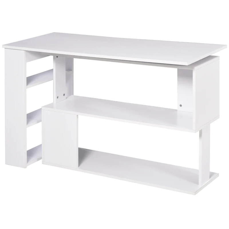 HOMCOM 47" L Shaped Desk, 360° Rotating Corner Desk, Reversible Computer Writing Table Workstation with Storage Shelf for Home Office, White