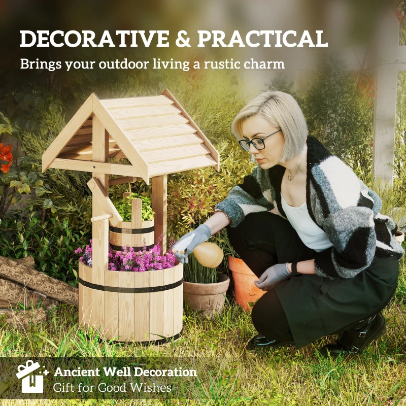 Outsunny Wood Wishing Well Outdoor Wooden Planter with Hanging Bucket and Drainage Hole for Garden, Patio, Backyard, Natural