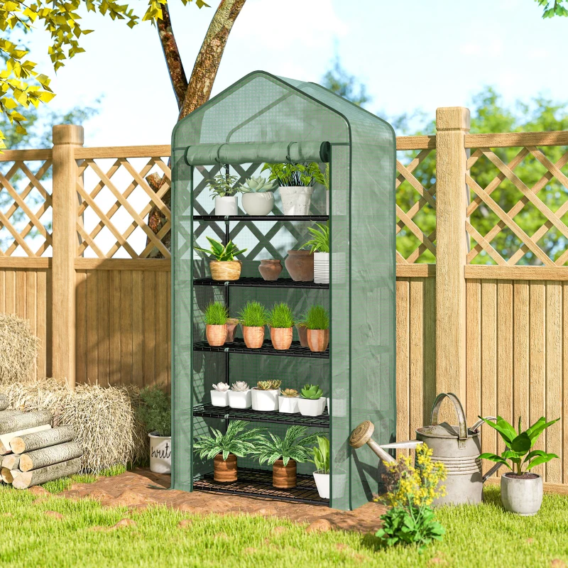 Outsunny 5 Tier Mini Greenhouse, Small Portable Greenhouse with PE Cover, Roll-Up Zippered Door, 76" x 35.4" x 19.3", Green