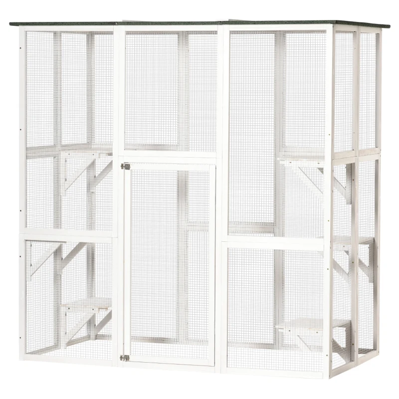 PawHut Outdoor Cat House Big Catio Wooden Feral Cat Shelter Enclosure with Large Spacious Interior, 6 High Ledges, Weather Protection Asphalt Roof, 71" L, White