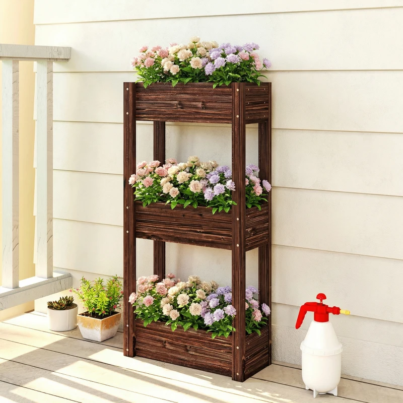 Outsunny 3-Tier Wooden Raised Garden Bed with Legs, 23.6" x 9.8" x 47.2" Elevated Planter Box with Drainage Holes and Bed Liner