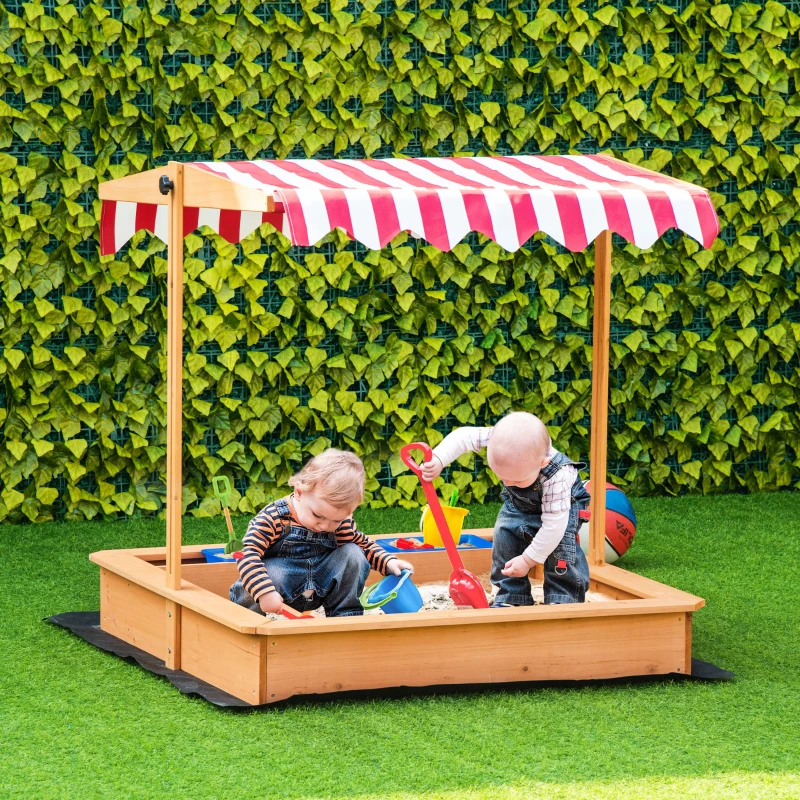 Outsunny Kids Wooden Sandbox with Adjustable Height Cover and Toy Bin Storage, Children Sand Play Station Outdoor, Bottom Liner