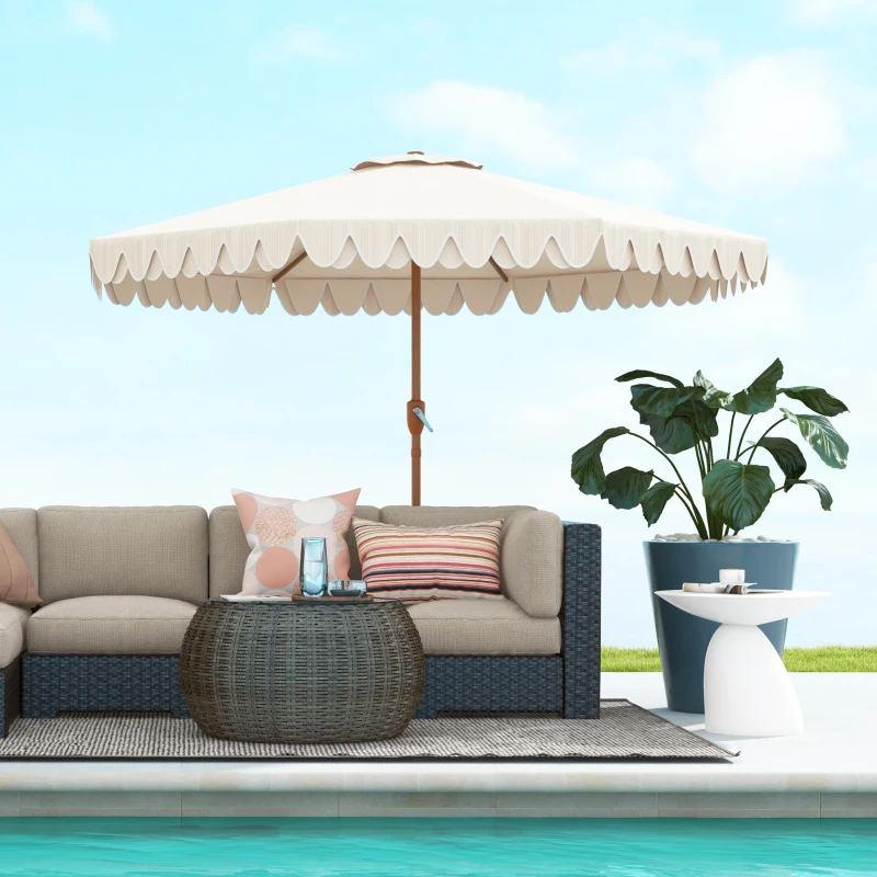 Outsunny 9 ft Patio Umbrella with Push Button Tilt and Crank, Double-ruffled Outdoor Market Table Umbrella Parasoll, Cream White