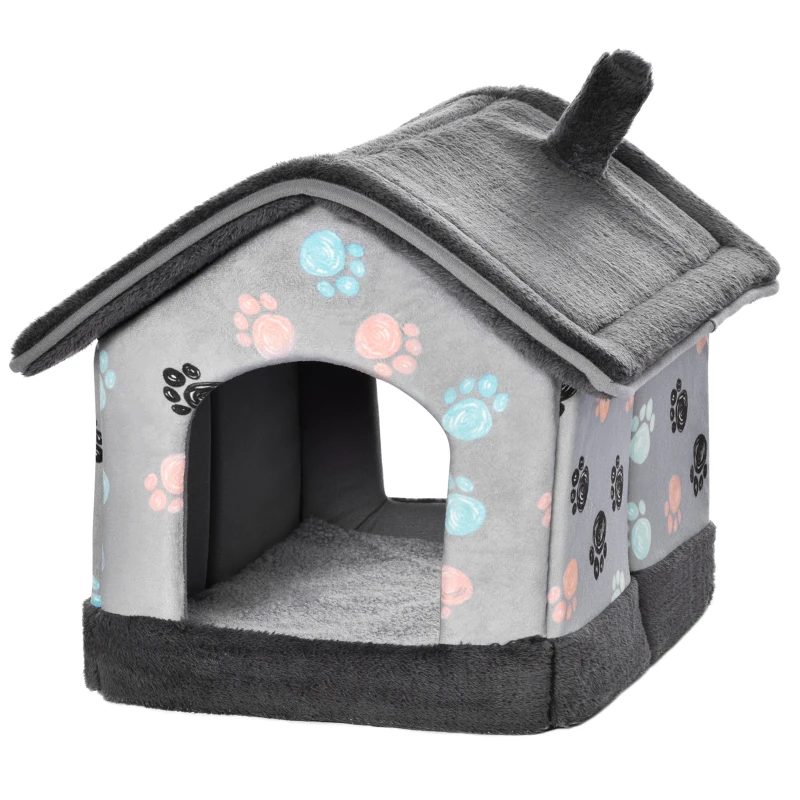 PawHut Heated Cat House Condo, Foldable Enclosed Pet House with Heating Pad for Cats or Small Dogs, Use for Indoor & Outdoor Paw Print Pattern