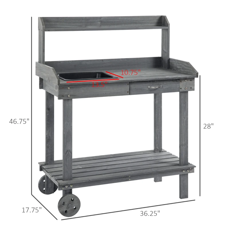Outsunny 36'' Wooden Potting Bench Work Table with 2 Removable Wheels, Sink, Drawer & Large Storage Spaces, Gray