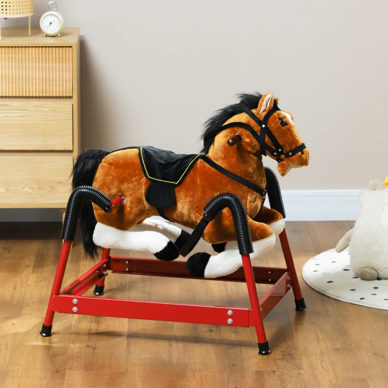 Qaba Spring Rocking Horse, Kids Ride on Horse, Plush Horse Ride-on w/ Sounds & Foot Stirrups for Kids 3-8 Years, Brown
