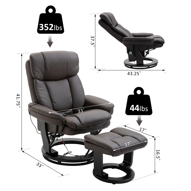 HOMCOM PU Leather Massage Sofa Recliner Chair with Ottoman Heated 10 Point Vibration Swiveling Armchair, Brown
