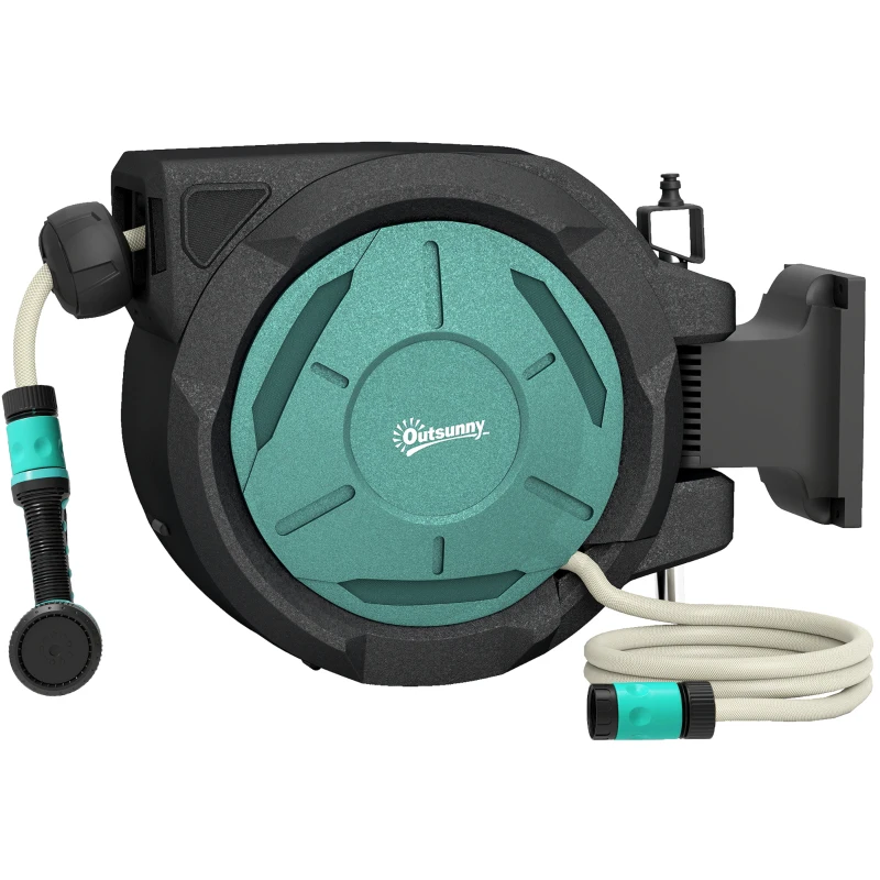 Outsunny 1/2 in x 65ft Wall Mounted Garden Hose Reel, Retractable Water Hose Reel with Auto Rewind, Any Length Lock, Blue