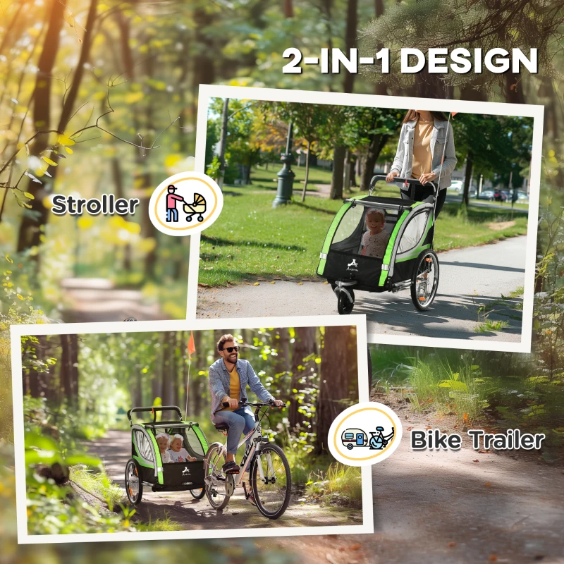 Aosom 2-in-1 Walk/Ride Child Baby Bike Trailer for Kids 2 Seater, High-Visibility Bike Stroller for Toddler Wagon, Weather-Strong Double Bicycle Trailer Accessory, Green