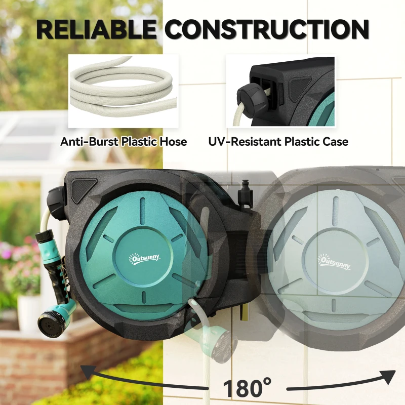 Outsunny 1/2 in x 65ft Wall Mounted Garden Hose Reel, Retractable Water Hose Reel with Auto Rewind, Any Length Lock, Blue