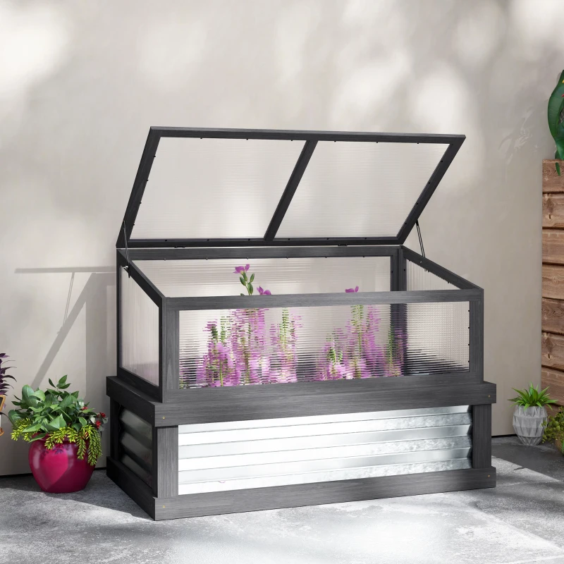 Outsunny Raised Garden Flower Bed Kit with Lean-to Greenhouse, Wooden Cold Frame Planter, 41" x 22.5" x 28.25", Gray