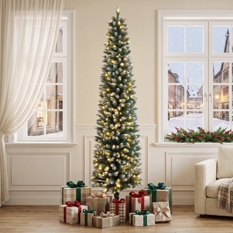 HOMCOM 8ft Pencil Prelit Christmas Tree, Dual Color LEDs, Flocked, Remote, Slim Xmas Tree with 11 Modes, Green White