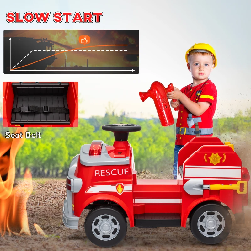 Qaba 12V Ride on Fire Truck with Siren, Flashing Lights Fire Extinguisher, Soft Start, Horn Music, Red