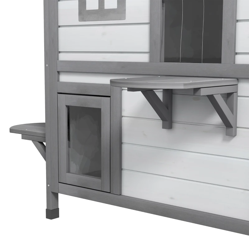 PawHut Wooden 2-Story Outdoor Cat House, Feral Cat Shelter Kitten Condo with Openable Asphalt Roof and 4 Platforms, White