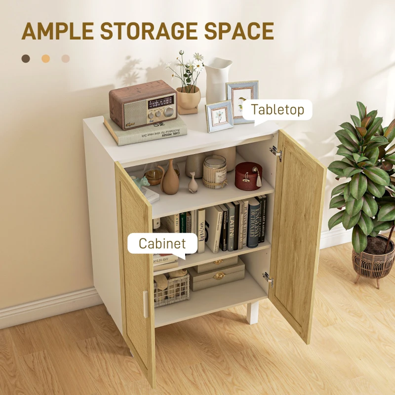 HOMCOM Boho Kitchen Cabinet, Buffet Cabinet with 2 Rattan Doors and Adjustable Shelves for Dining Room, White and Natural