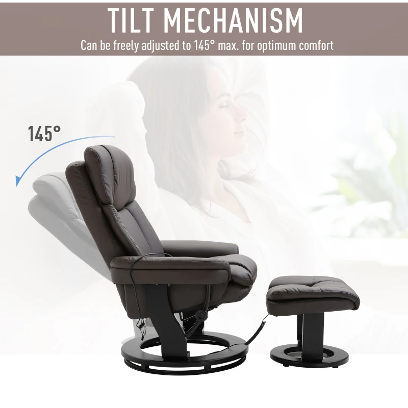 HOMCOM PU Leather Massage Sofa Recliner Chair with Ottoman Heated 10 Point Vibration Swiveling Armchair, Brown