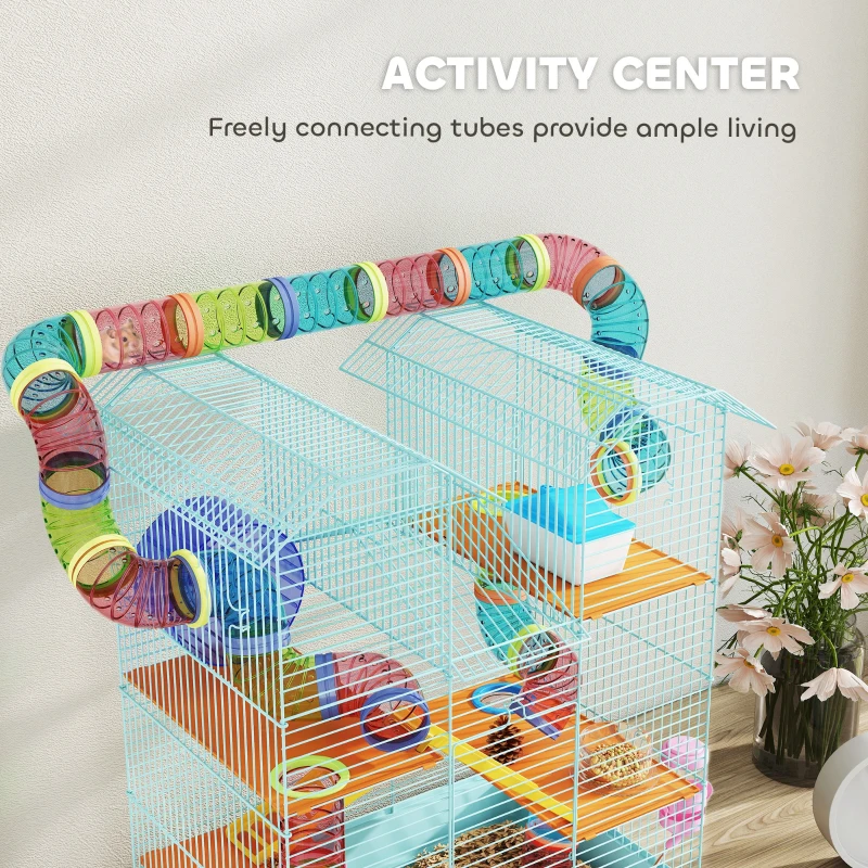PawHut 18.5" Hamster Cage, 5 Tiers Small Animal House with Tunnel Tube System, Exercise Wheel, Water Bottle, Light Blue