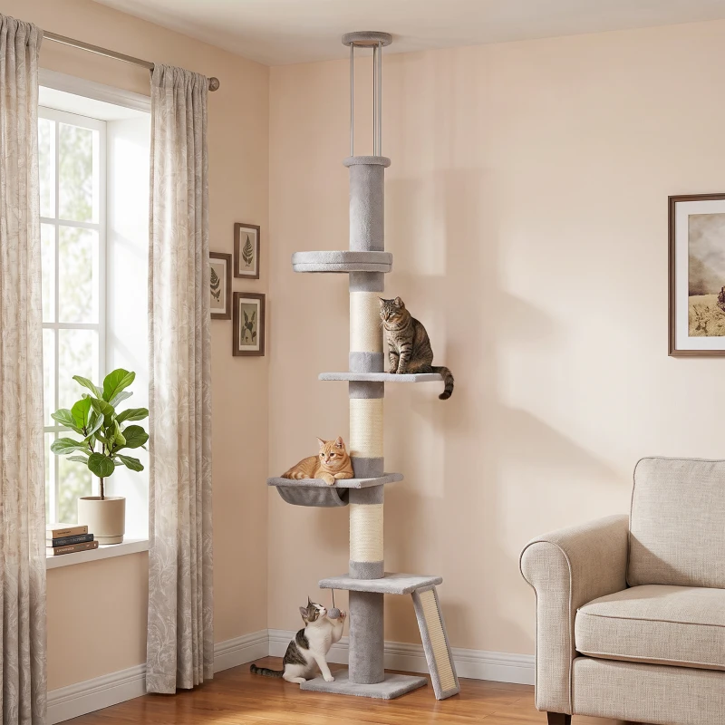 PawHut 90.6" -102.4" Floor-to-Ceiling Cat Tree Adjustable Height with 3-Rod Support, 5-Level Cat Tower, Light Gray