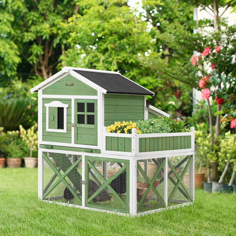 PawHut 44" Chicken Coop, Wooden Chicken House Hen Run, Rabbit Hutch with Nesting Box, Removable Tray, Asphalt Roof, Planting and Lattice, Green