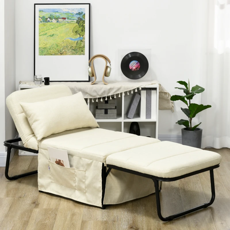 HOMCOM Folding Sofa Bed, 4-in-1 Multi-Function Sleeper Chair Bed Ottoman with Adjustable Backrest, Pillow, Side Pocket for Home Office, Bedroom, Living Room, Cream White