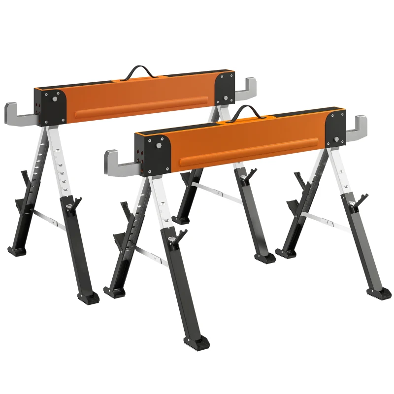 HOMCOM Saw Horses 2 Pack, Folding Heavy Duty Sawhorses with Adjustable Height and 2x6 Bracket, Carry Handle, Orange