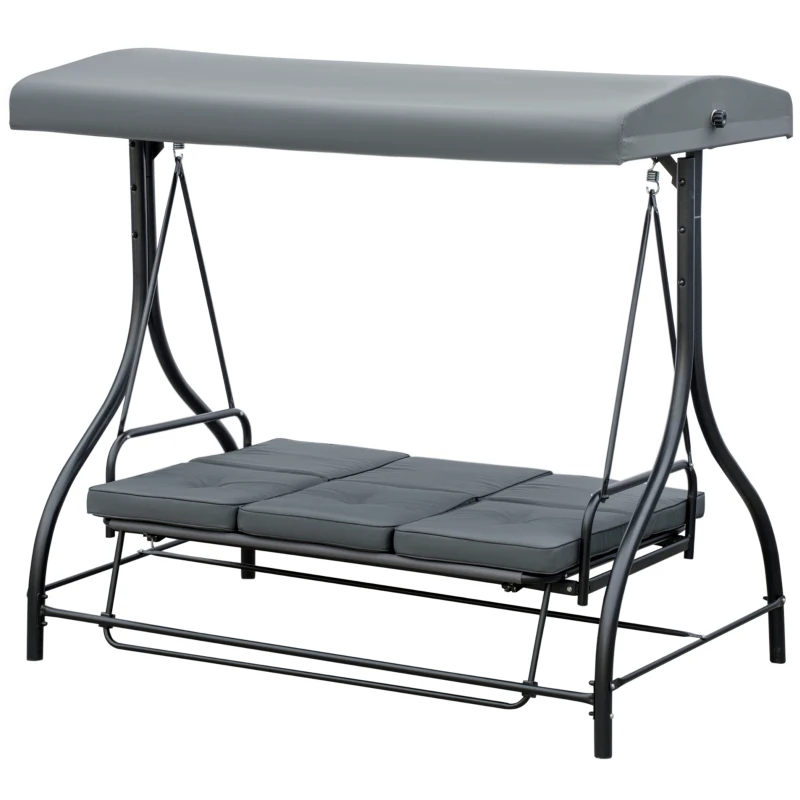 Outsunny Convertible Patio Swing Bed with Canopy and Cushions, 3 Seater Porch Swing for Outdoor, Backyard, Garden, Dark Grey