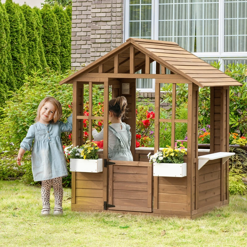 Outsunny Kids Wooden Playhouse, Outdoor Garden Games Cottage with Flowers Pot Holder, Working Door, Windows, Brown